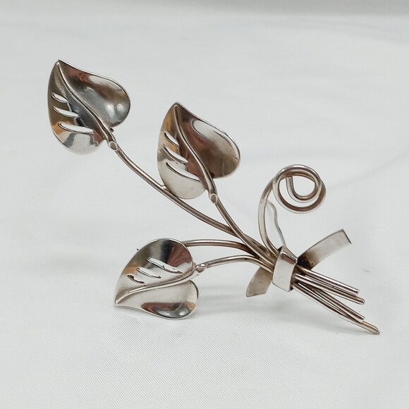 STERLING CORO sterling silver leaves brooch mid century - Picture 5 of 7